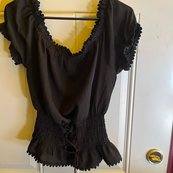 Papermoon Tops - Papermoon Black Smocked Lace-Up Blouse